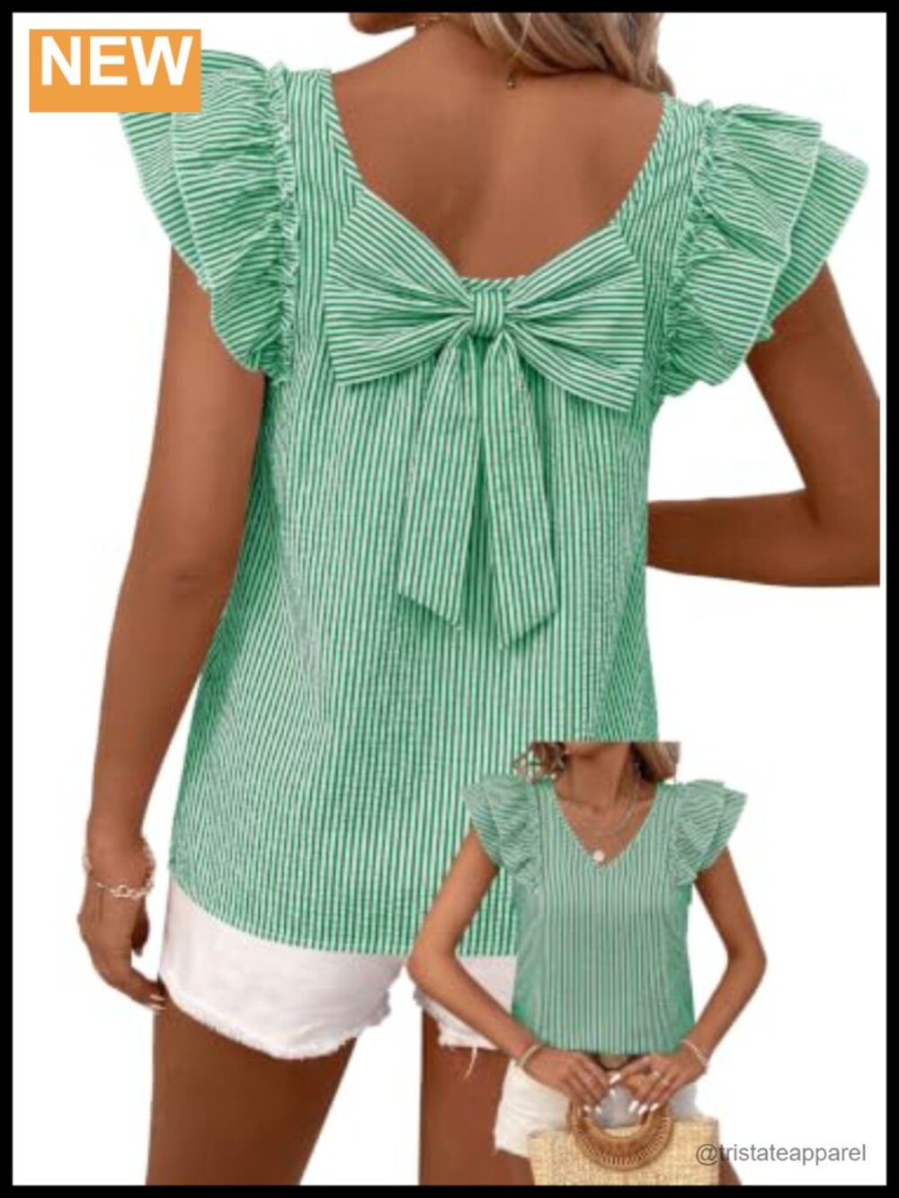 Women's Bow Back V-Neck Babydoll Top Ruffle Short Sleeve Blouse